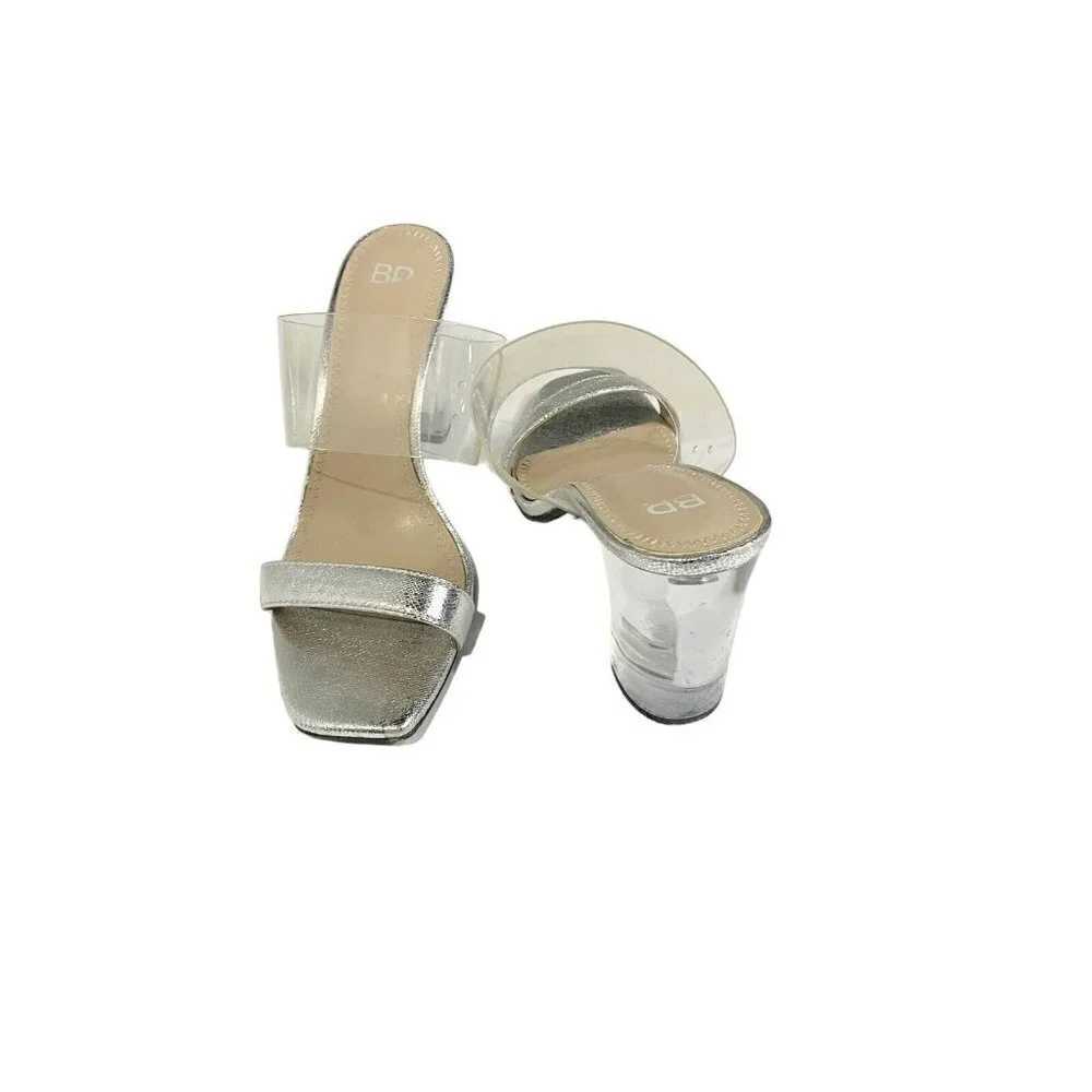 BP Nordstrom Size 9.5 Women's Clear Heel Sandals‎ Block Heel Silver Evening